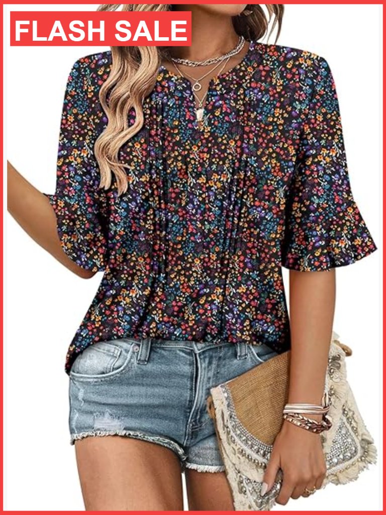 Womens Business Casual Tunic Blouse 3/4 Ruffle Sleeve Flowy Top
